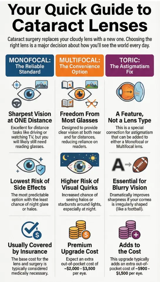 Monofocal vs Multifocal vs Toric IOL