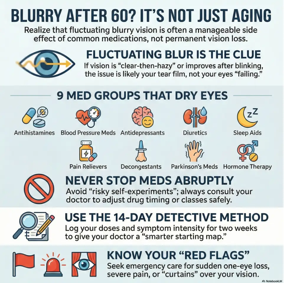 medication-related dry eye blurry vision after 60