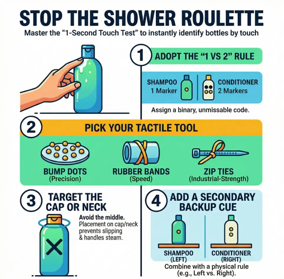 tactile labels for shampoo and conditioner